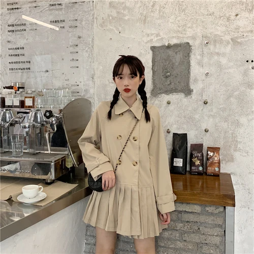 Простые цвета хаки свободные пуговицы линии плиссированные отложным воротником