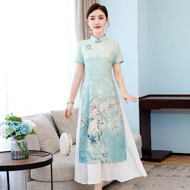 Женское платье с вышивкой Cheongsam Young зеленое розовое элегантное в китайском стиле