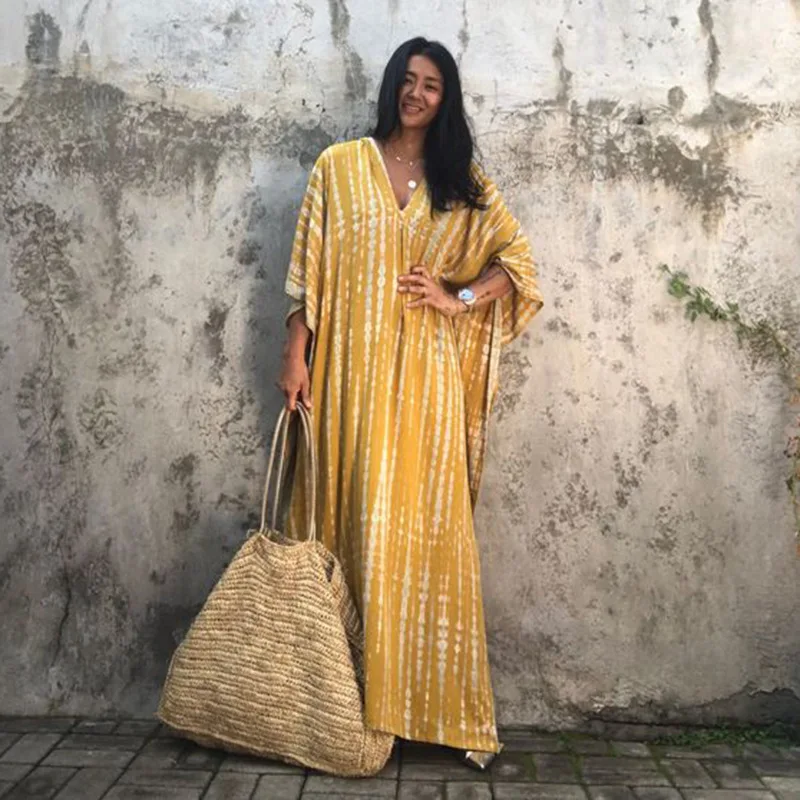 

2021 Bohemian Striped Plus Size Kaftan Beach Cover-ups Loose Summer Maxi Dress For Women Beachwear Bathing Suit Cover Up A552