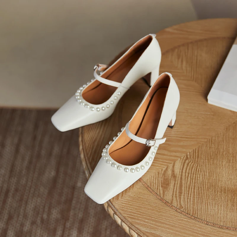 

2021 Spring Newest Wedding Party Shoes Woman Sweet pearl Shoes For Women Mary Janes Genuine Leather High Heels Pumps