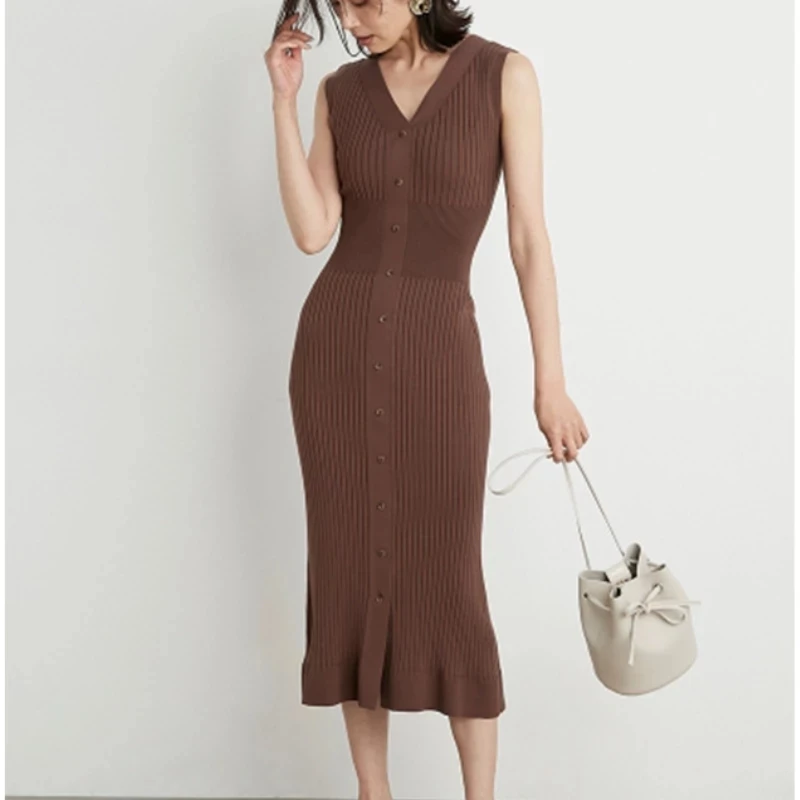 

Elegant V-neck Sleeveless Solid Knit Trumpet Dress Simple Single Breasted Slim Bodycon Robe 2021 New Chic All Match Vestidos