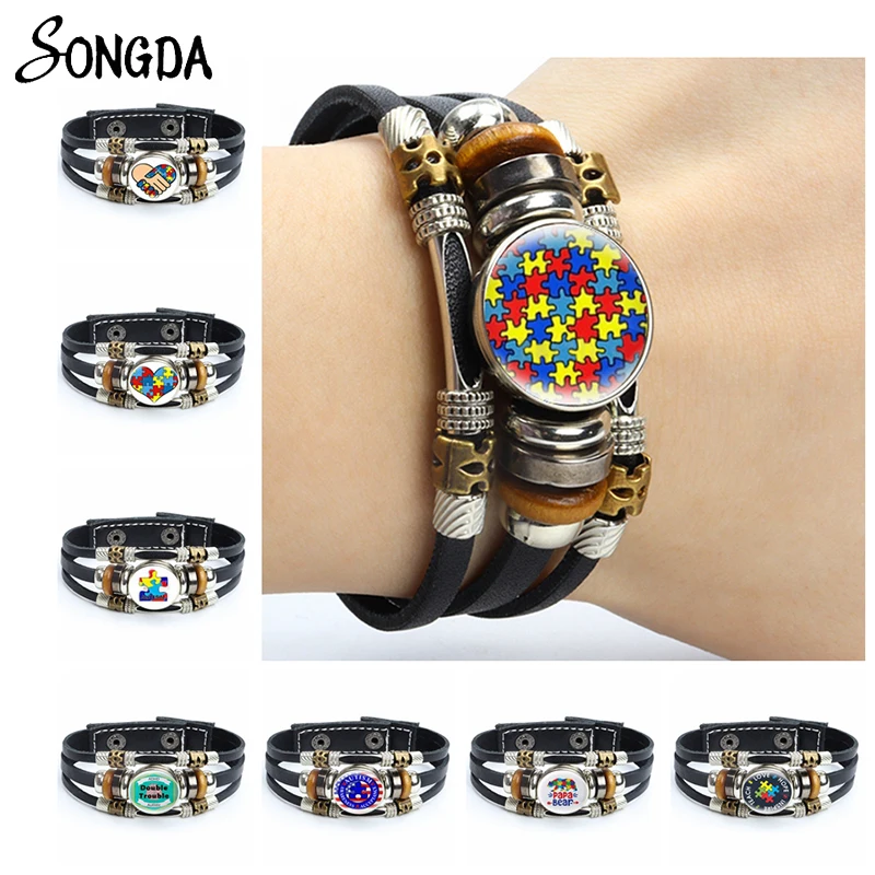 

Autism Awareness Leather Bracelets Multilayer Red Ribbon Puzzle Love Braided Bracelets Bangles Glass Dome Unisex Jewelry Gifts