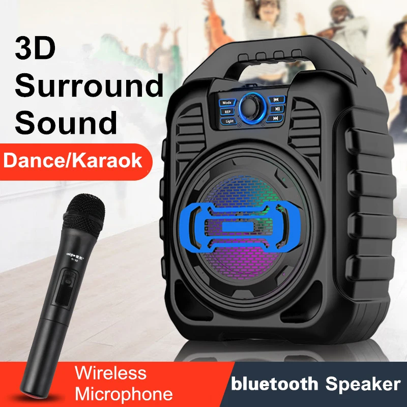 구매 9W 3D 서라운드 사운드 휴대용 가라오케 KTV 무선 블루투스 스피커 LED 조명 야외 춤 노래 마이크 포함/미포함
