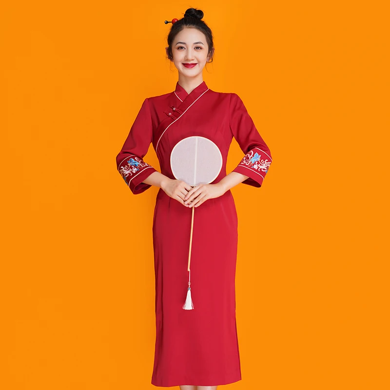 

2022 chinese improved qipao dress oriental korean style new year greeting qipao women photography dress modern red cheongsam