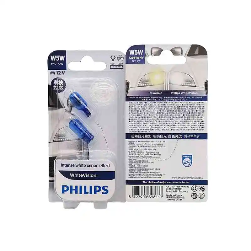 

Philips White Light Blue Vision T10 W5W 12961BV WHVB2 4000K 12V Car License Plate Light Halogen Bulb Warm White Color
