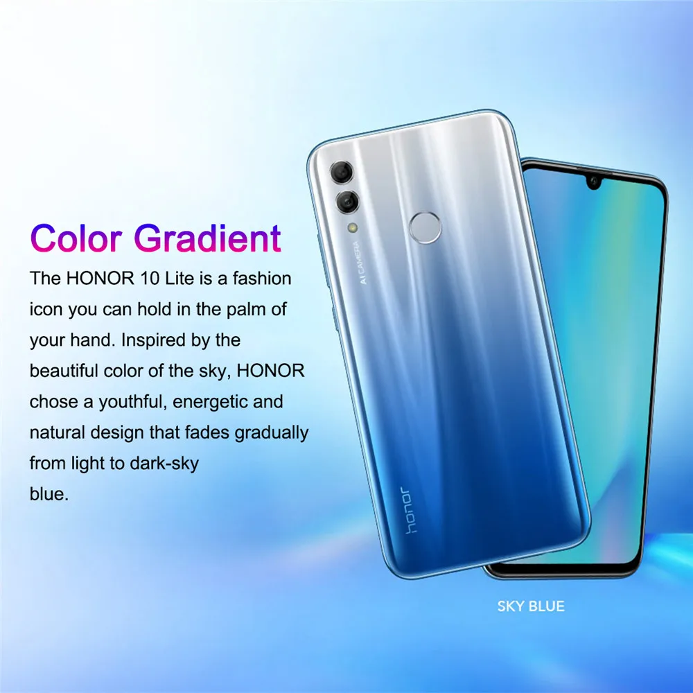 Honor 10 Lite Android 9,0 6,21 дюймов 3+ 64 Гб Смартфон 3400 мАч 24MP 3 камера мобильный телефон AI камера отпечатков пальцев Восьмиядерный