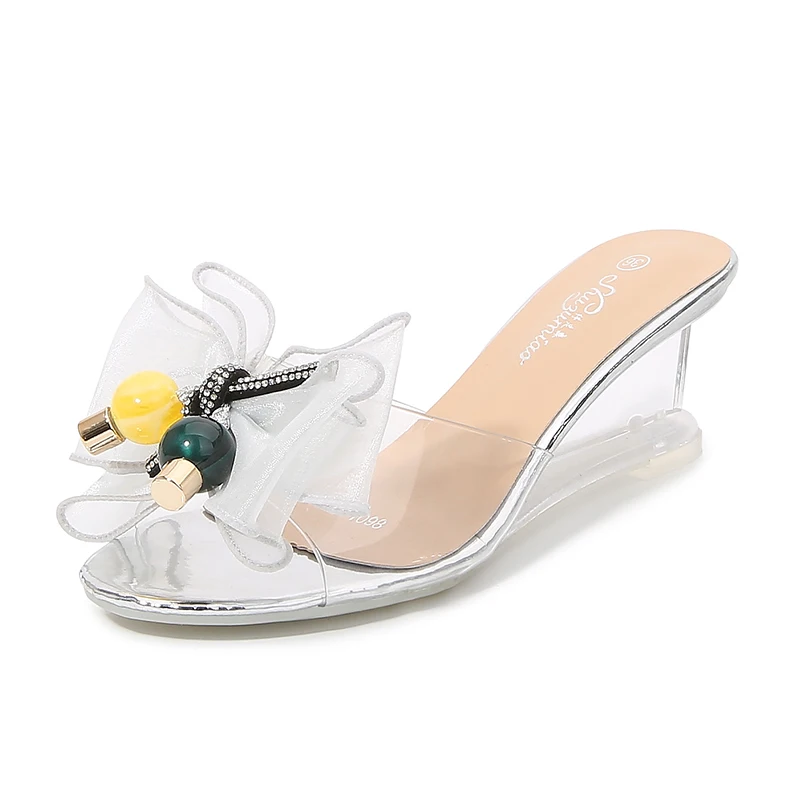 

Summer Women's Slippers Wedge PVC Transparent Bow Sexy Crystal Heel Height 6 CM Female Shoes Beach Lazy Pumps