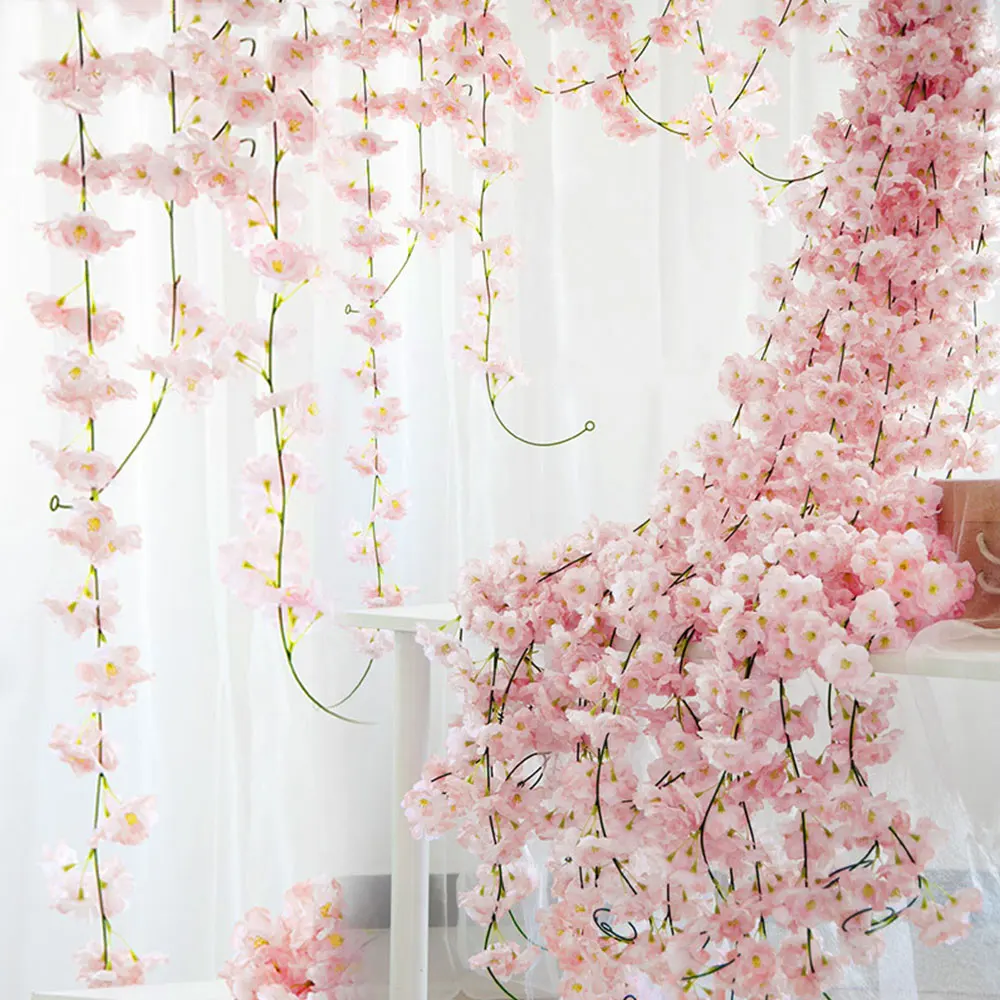 

4pcs 1.8M Artificial Cherry Blossom Flower Rattan Wedding Garland Ivy Decoration Fake Silk Flower Vine for Party Home Decoration