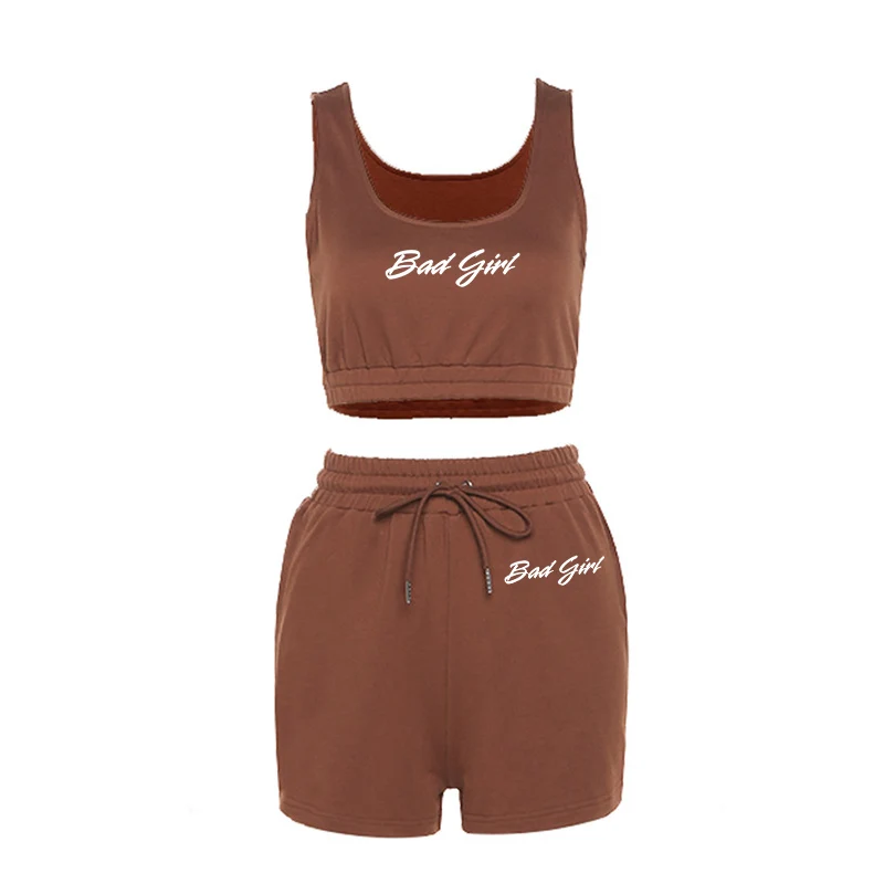

Bad Girl 2 Piece Shorts Set Tracksuit Casual Women Letters High Waist Drawstring Shorts Running Suits Sportswear Workout Outfits