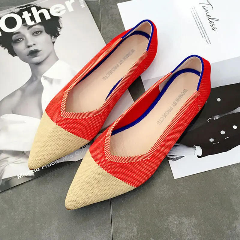 

Flat Pointed Toe Ballet Flats Single Shoes Soft Knitted Ladies Shoes Female Boat Shoes Casual Comfortable Mother's Flats