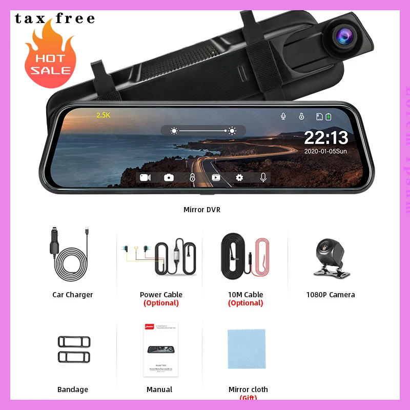 

10 inches 2.5K Car DVR Touch Screen Stream Media Dual Lens Video Recorder Rearview mirror Dash cam Front and Rear night vision