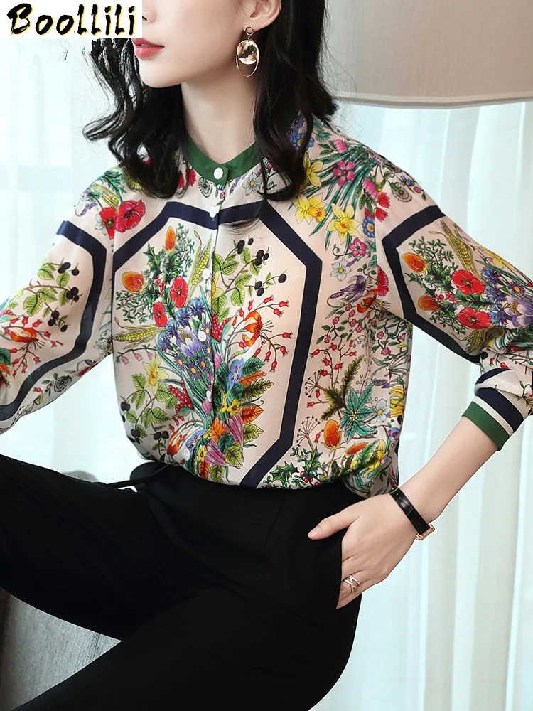 Boollili 100% Real Silk Vintage Blouse Women Clothes 2020 Ladies Tops Long Sleeve Shirt Women Blouses Floral Shirts Ropa Mujer