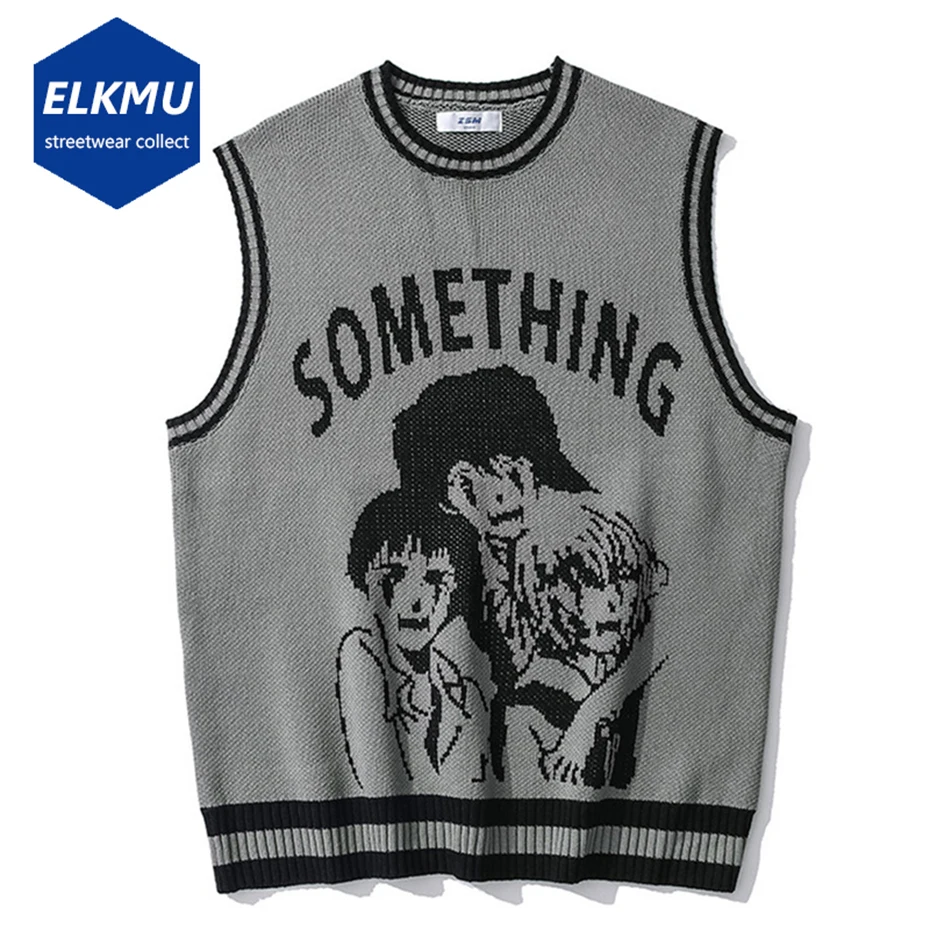 

Трикотажный жилет в стиле аниме Y2K, уличный пуловер в стиле Харадзюку, безрукавка оверсайз, модный мужской полосатый жилет, черный джемпер, п...