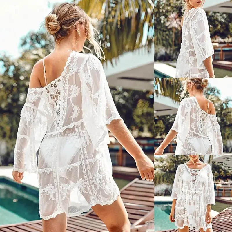

Women Sexy Sheer Floral Lace Bikini Cover Up Crochet Pullover Loose Beach Dress