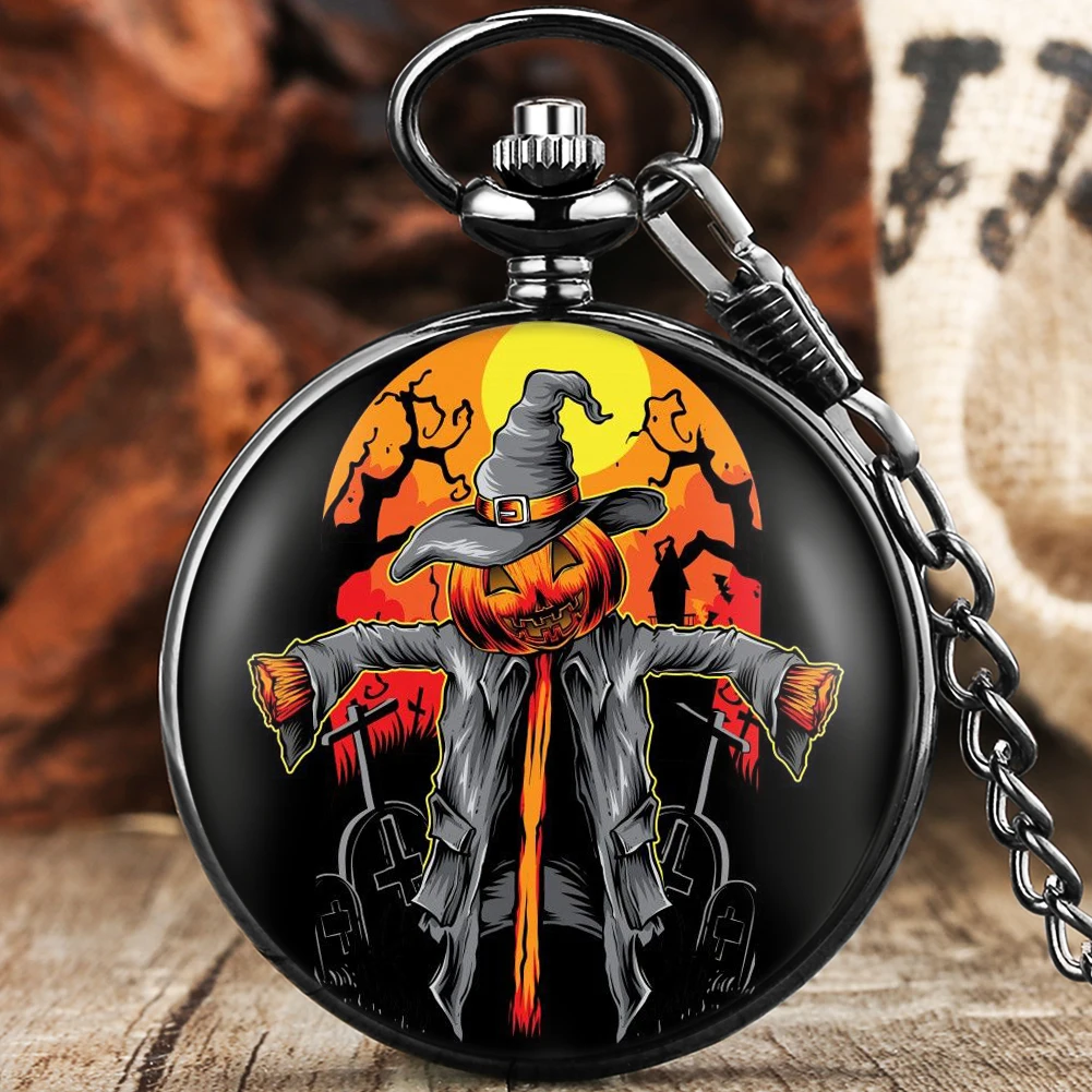 

Halloween Series Theme Quartz Pocket Watch Vintage Printed Fashion Pocket with Fob Chain Gifts Pocket Clock