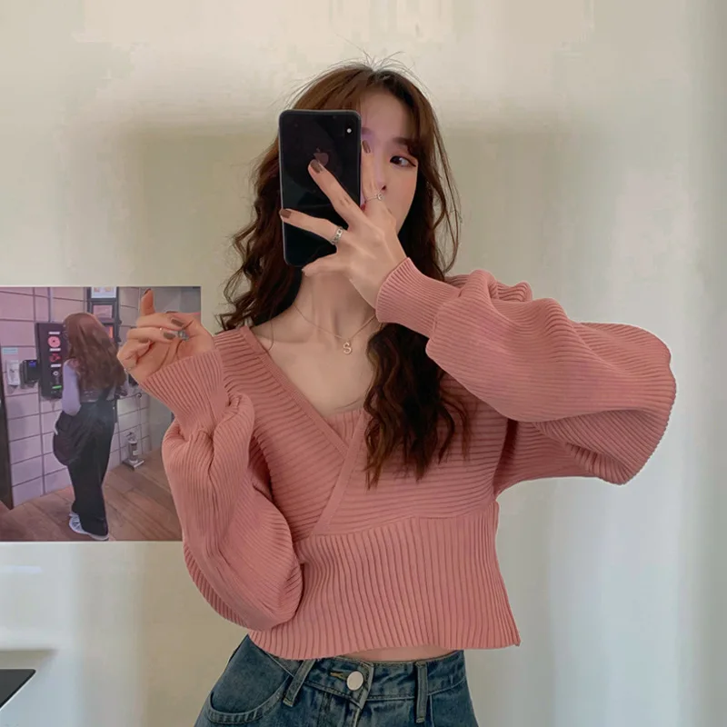 

Fake Two-Piece Women's Bottoming Shirt Spring And Autumn 2021 New Korean Style Bubble Long-Sleeved Sweater