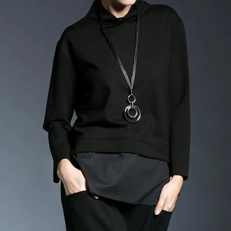 

HOT / Summer Women New Fashion Personalized Customize large size Loose stand-up collar casual fake two-piece slim top /S-6XL