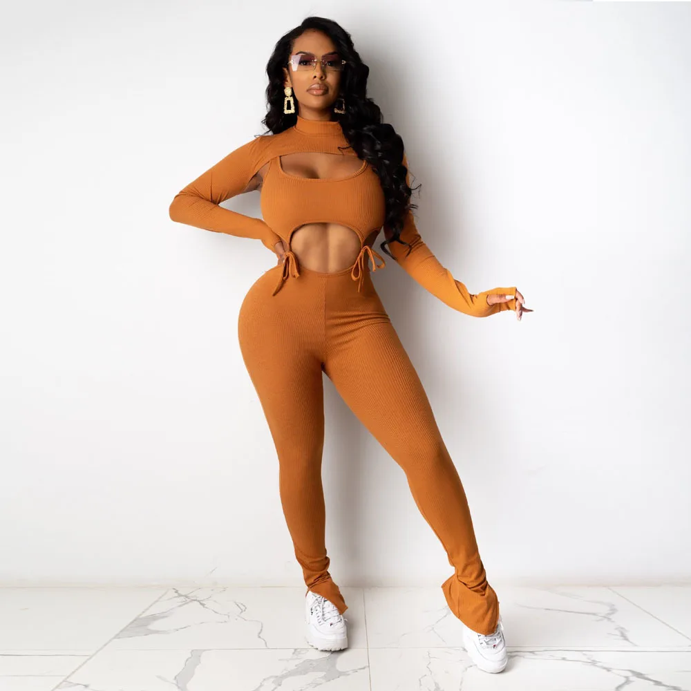 

Finger Hole Long Sleeve Ribbed Cropped Tops and Waist Band Cut Out Skinny Jumpsuit Solid Bandage Tracksuit Elegant 2 Piece Suit