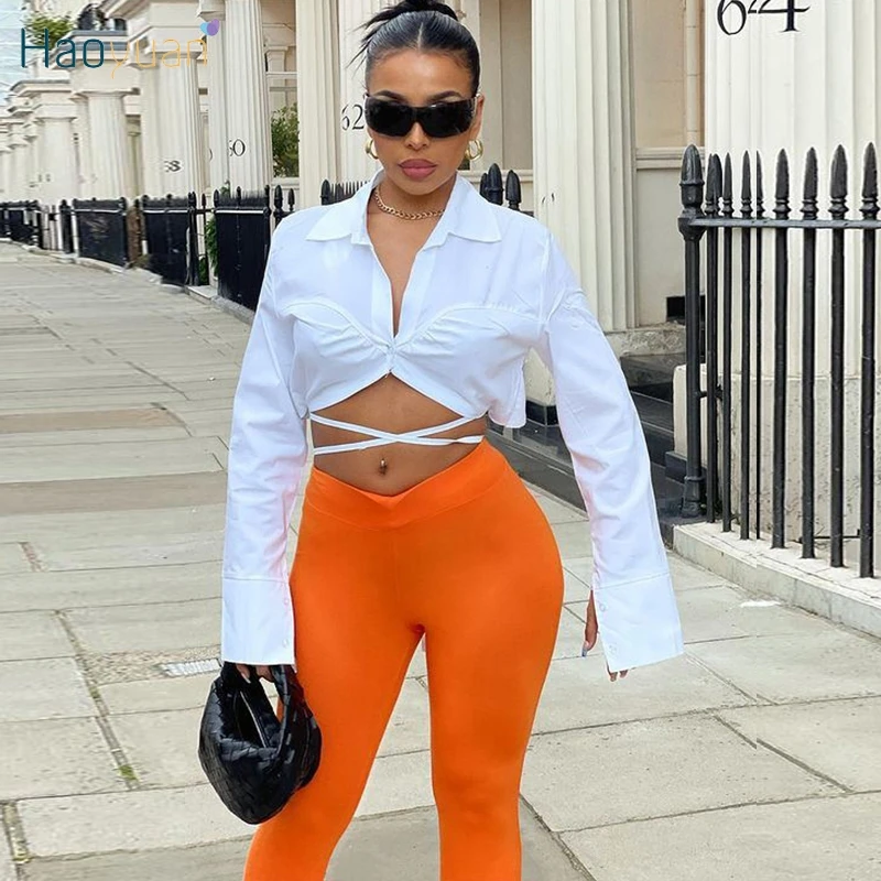 

Соблазнительный комплект из двух предметов HAOYUAN, бандажный кроп-топ с длинным рукавом, повседневные брюки, женская осенняя одежда, Клубная у...