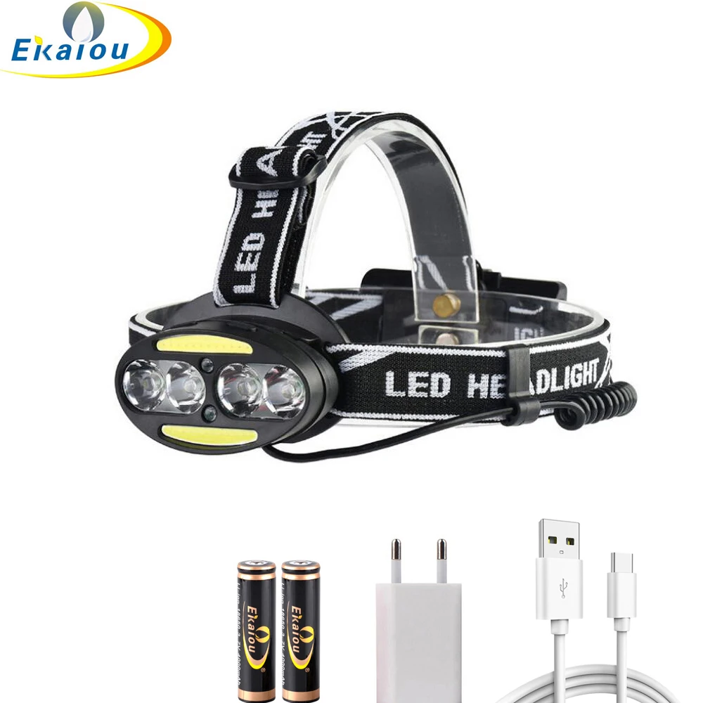 Налобный фонарь с датчиком движения тела головной USB аккумулятором 4 * T6 + 2 COB