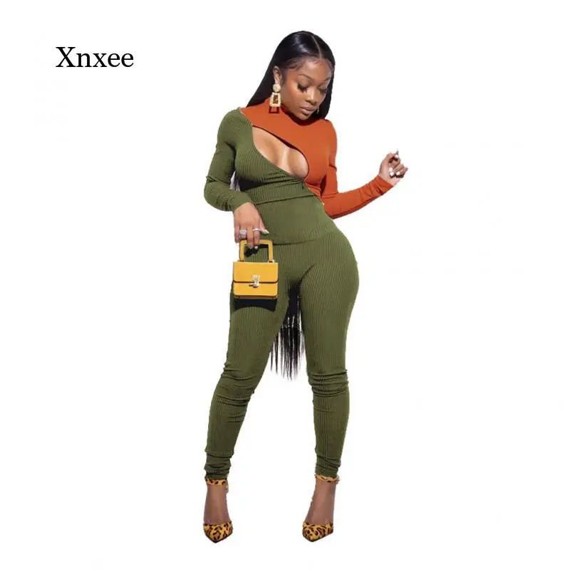 

Весенне-осенний женский сексуальный комбинезон из двух частей на молнии с цветным пэчворком, облегающий Вязаный комбинезон в рубчик, Клубн...