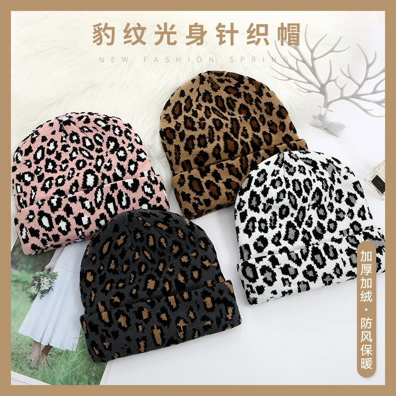 

New Leopard Print Light Body Knitted Hat Winter Warm Melon Leather Hat Curled Dome Hedging Net Red Hat