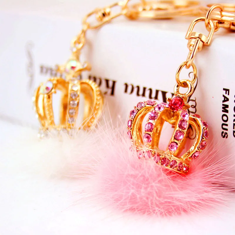 New Crown Crystal Rabbit Fur Ball Keyrings Prom Bag Keyfob Rhinestone Pendant Key Rings Chain for Women Christmas Gifts | Украшения и