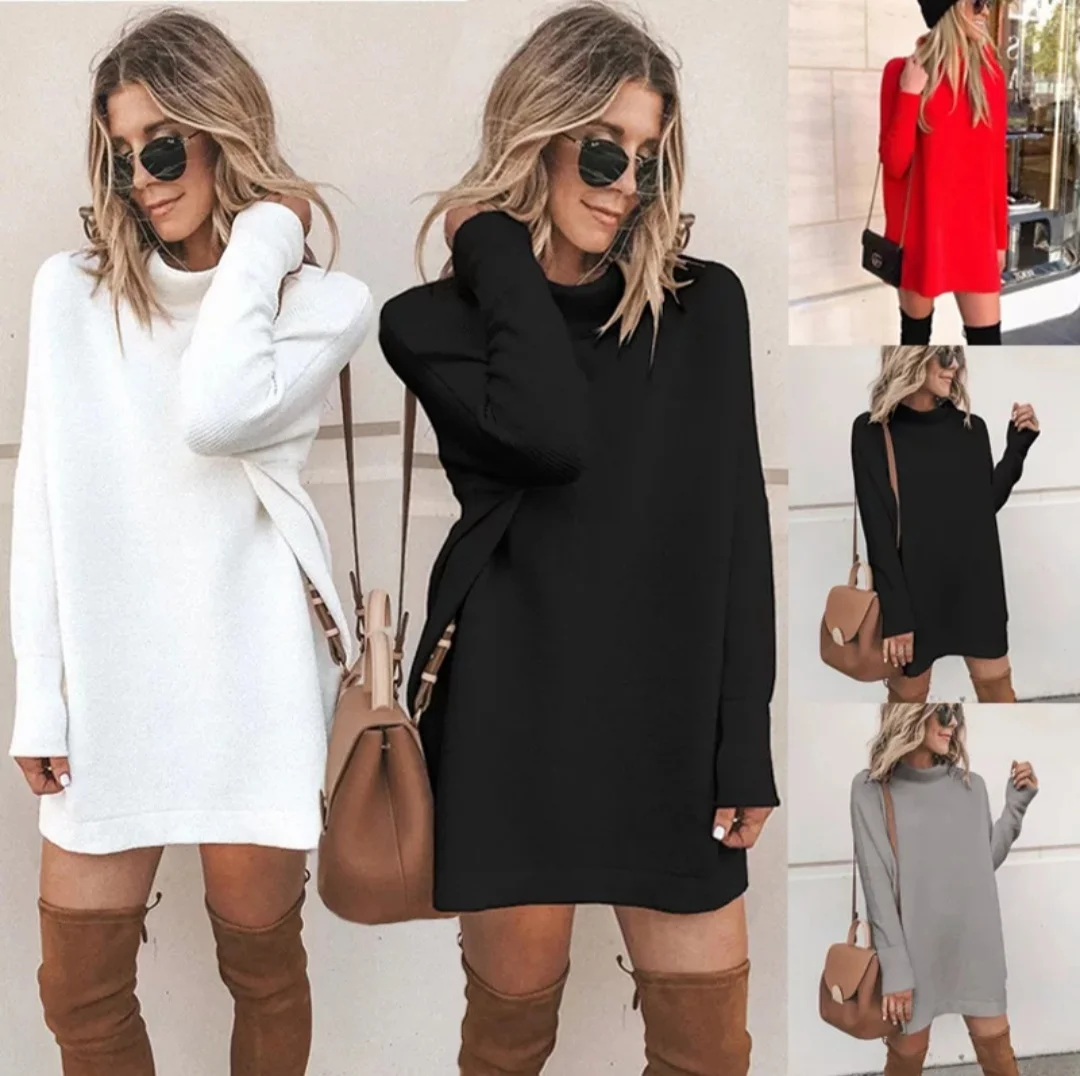 

Autumn / winter 2021 long sleeve casual street style large sweater black high collar solid color fashion knitted sweater dress