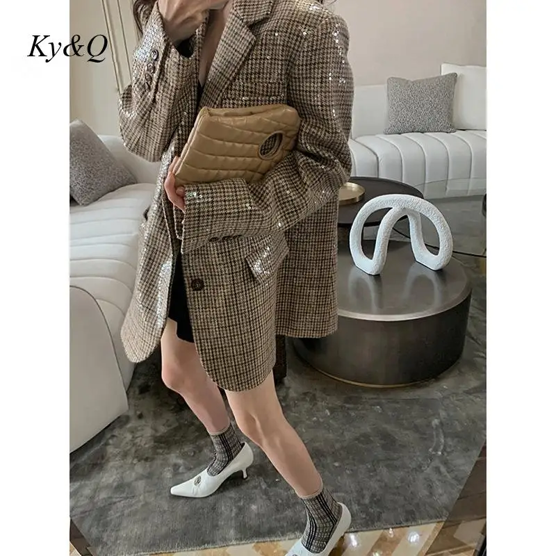 

Luxury Sequin Plaid Suit Jacket 2021 Runway Designer Women's Lattice Suit Collar Loose Chic Vintage British Coat High Fashion