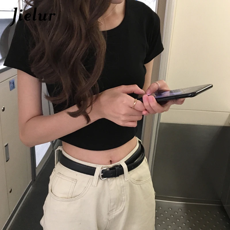 Кроп-топ Jielur женский однотонный в Корейском стиле хлопковая Базовая футболка