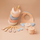 Набор чашек для кормления детей 5 шт., силиконовая Нескользящая посуда, нагрудник, чашка, ложка, столовая вилка