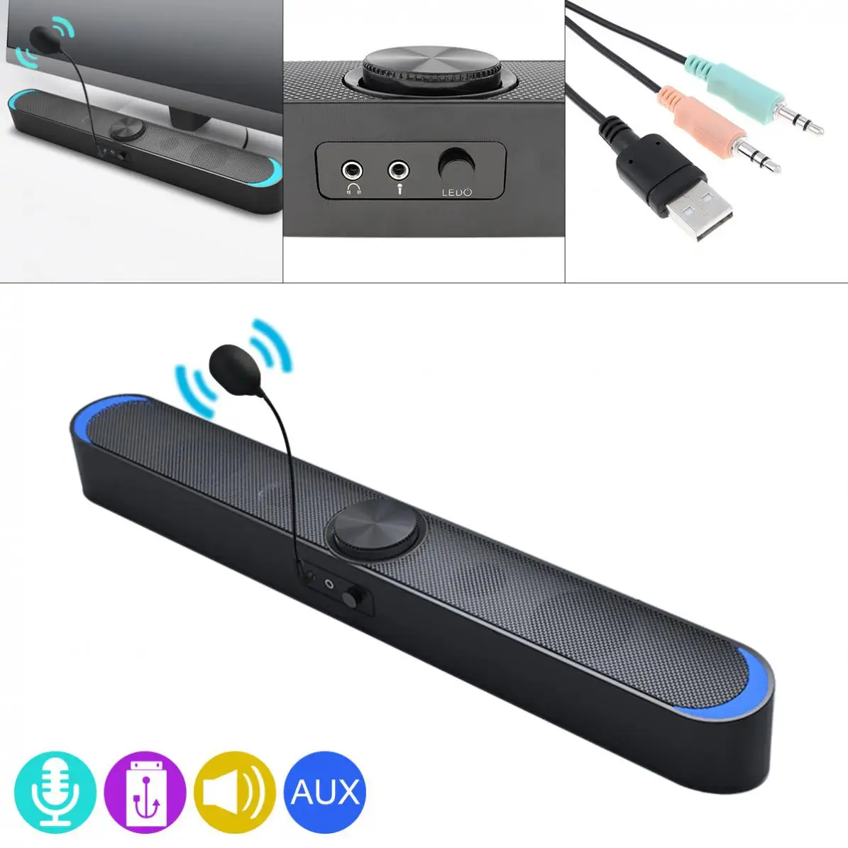 SADA V-198 Multi-media Soundbars Speaker Phone Computer Universal Mini Strip Speaker Stereo Surround Sound with Microphone