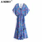 Винтажное шикарное модное женское Пляжное Платье макси с павлиньим цветочным принтом глубоким V-образным вырезом в богемном стиле женское хлопковое летнее платье в стиле бохо с бахромой