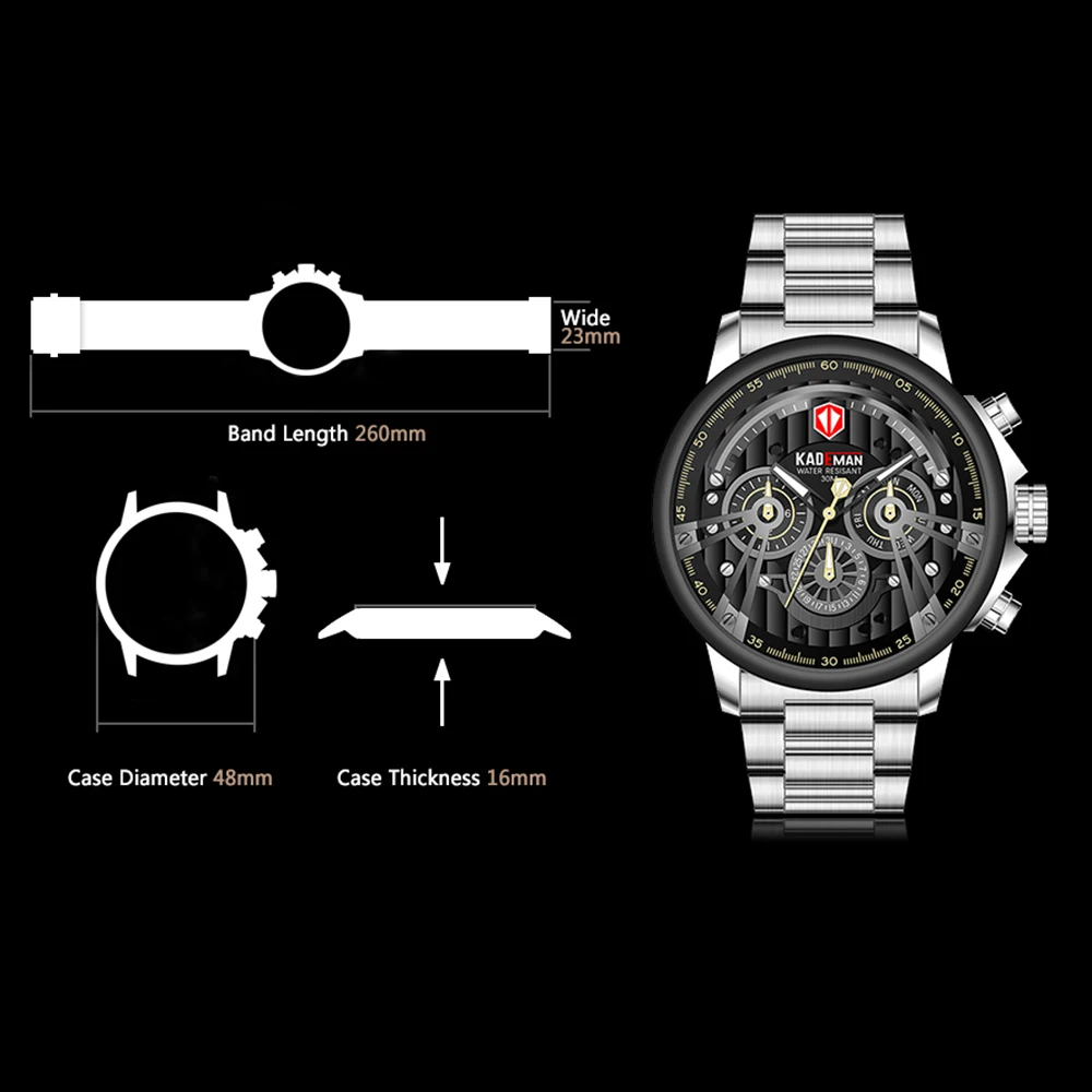 Часы наручные KADEMAN Мужские кварцевые брендовые полностью стальные