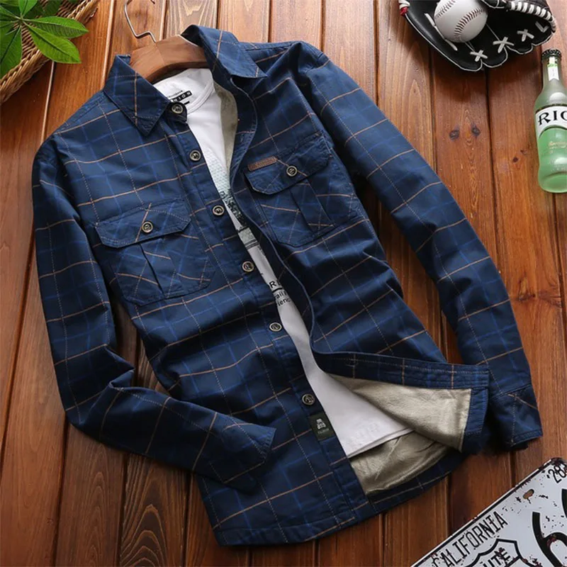 Мужская Уличная флисовая рубашка большого размера на осень и зиму бархатная