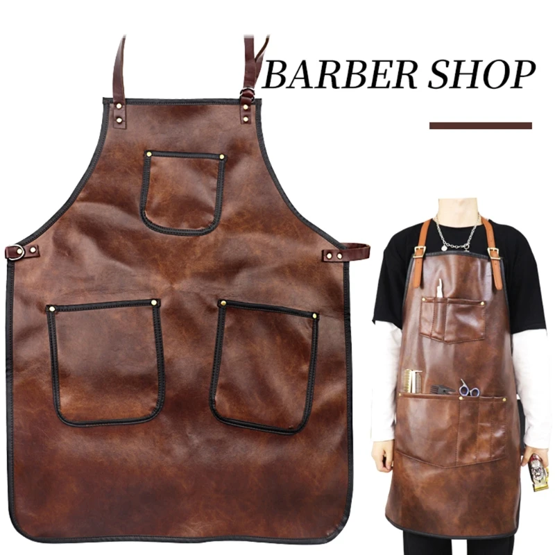 

Professional Faux Leather Hairdresser Barber Apron Adjustable Cross-Back Strap Multi Pockets Waterproof Chef Cooking Bib