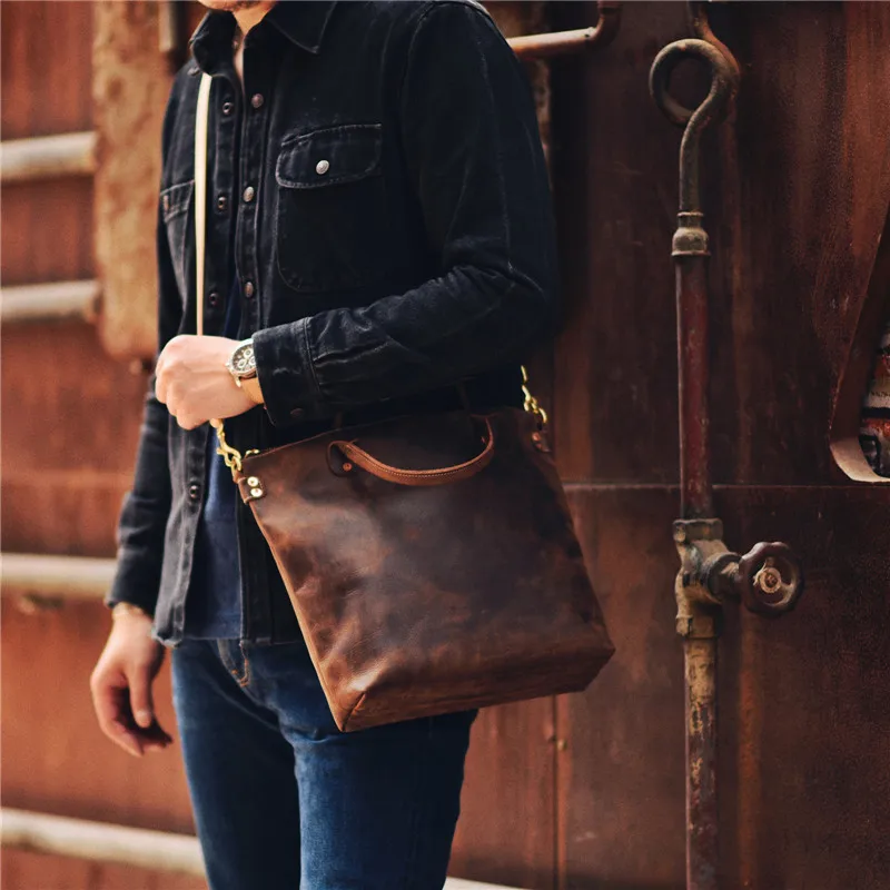 Retro fashion designer crazy horse cowhide men's portable briefcase weekend work office lawyer business shoulder messenger bag