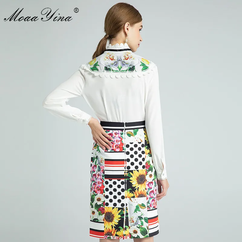 

MoaaYina Fashion Designer Set Spring Autumn Women's Long sleeve Blouses Tops+Sunflower lemon Floral-Print Skirt Two-piece set