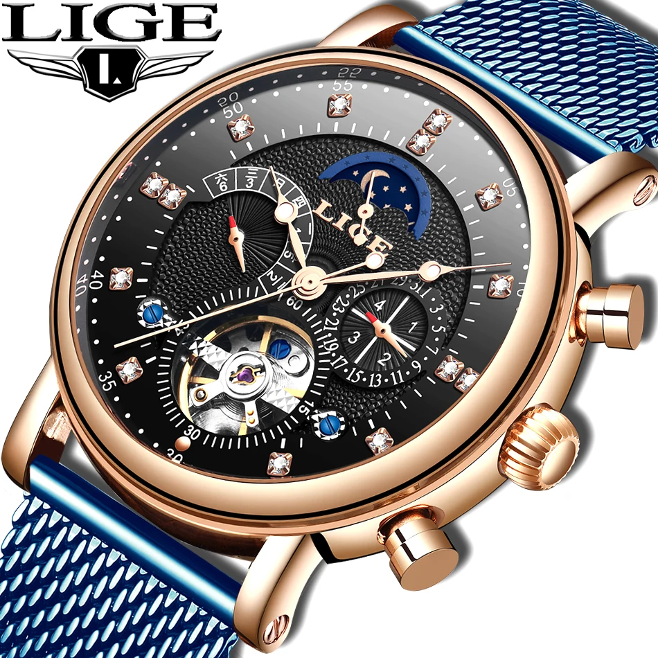 LIGE 2019 деловые часы Мужские автоматические светящиеся мужские Tourbillon