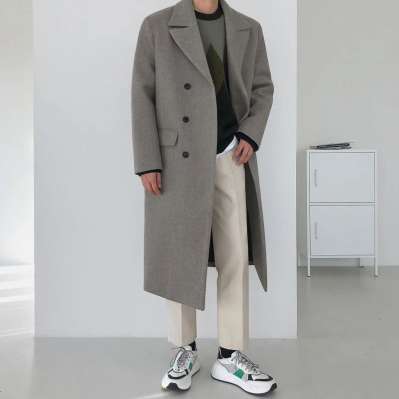 

Шерстяное пальто Мужская модная ветровка выше колена в Корейском стиле средней длины зимнее плотное свободное двубортное шерстяное пальто