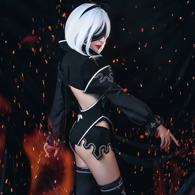 NieR 2B Cosplay Costume Game Reincarnation Sexy Women Black Outfits Halloween Top Skirt Full Set |