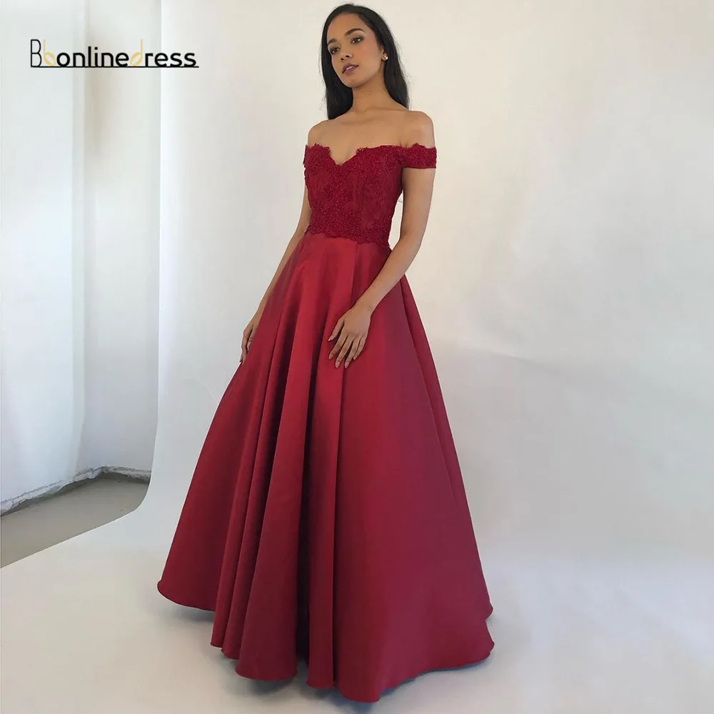 

2020 New Burgundy Prom Dress Satin Off The Shoulder A Line Girl Party Wear Long Evening Dresses vestido de fiesta Plus Size