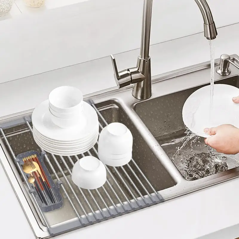 

Stainless Steel Drain Rack Telescopic Folding Kitchen Dishes Rack Sink Drying Kitchenware Storage Water Filter Shelf Storage