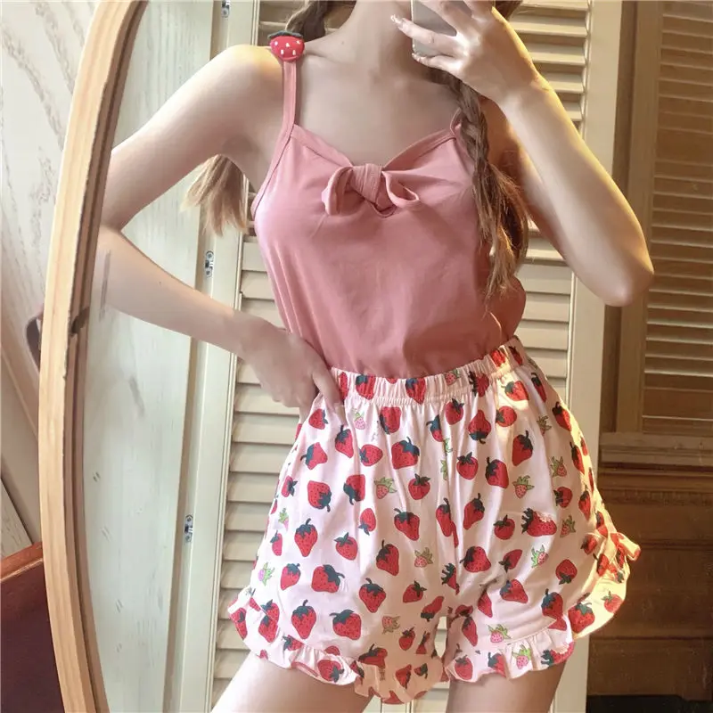 Pajamas for Women Korean Ins Style Strawberry Print Sleepwear Pyjamas Sexy Cute Homesuit Pijamas Summer Sleeveless Kawaii