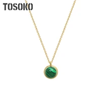 tosoko stainless steel jewelry natural turquoise round pendant necklace womens simple clavicle chain bsp1119