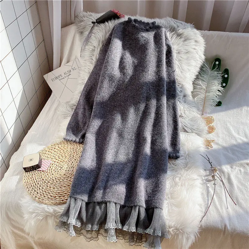 

Autumn Winter 2021 New Vintage Thick Vestido Female O-neck Slim Long Sleeve Mesh Pleated Dress Lady Loose Knitted Dresses N106