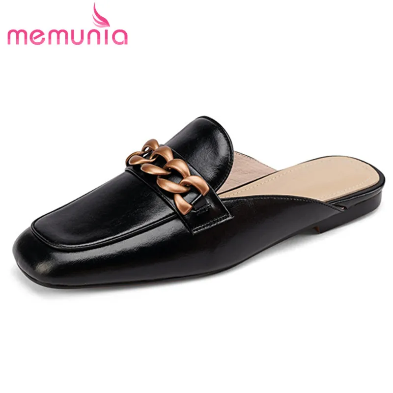 

MEMUNIA 2021 New Arrive Flat Shoes Women Slipper Genuine Leather Shoes Metal Decoration Chain Casual Shoes Women Slipper