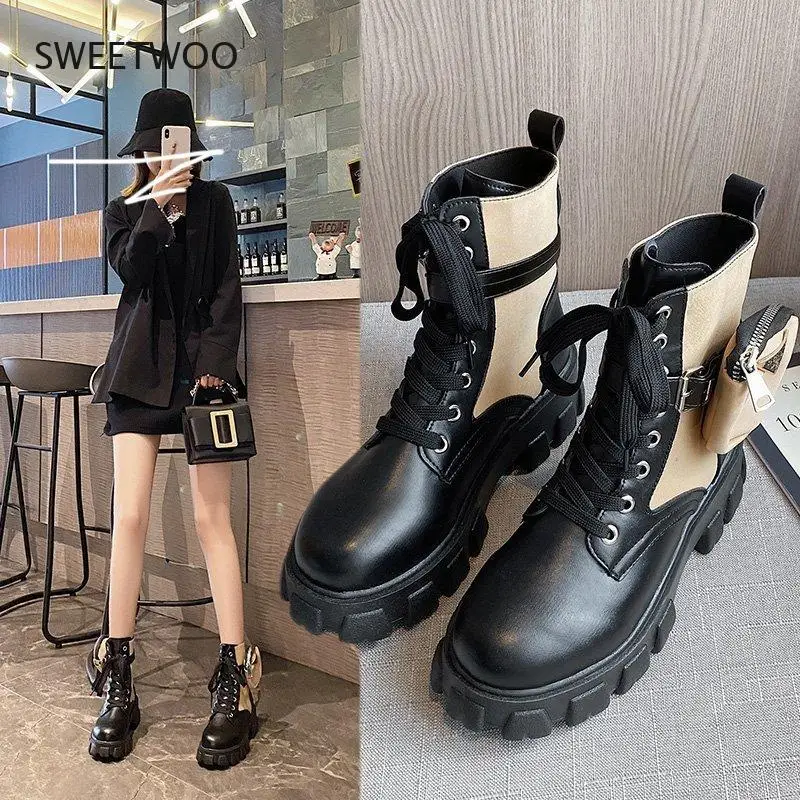 2021 black khaki platform combat and ankle boots women's lace buckle straps women's shoes winter shoes large size boots