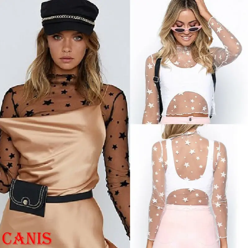 Женские Модные сетчатые прозрачные короткие футболки со звездами сексуальные