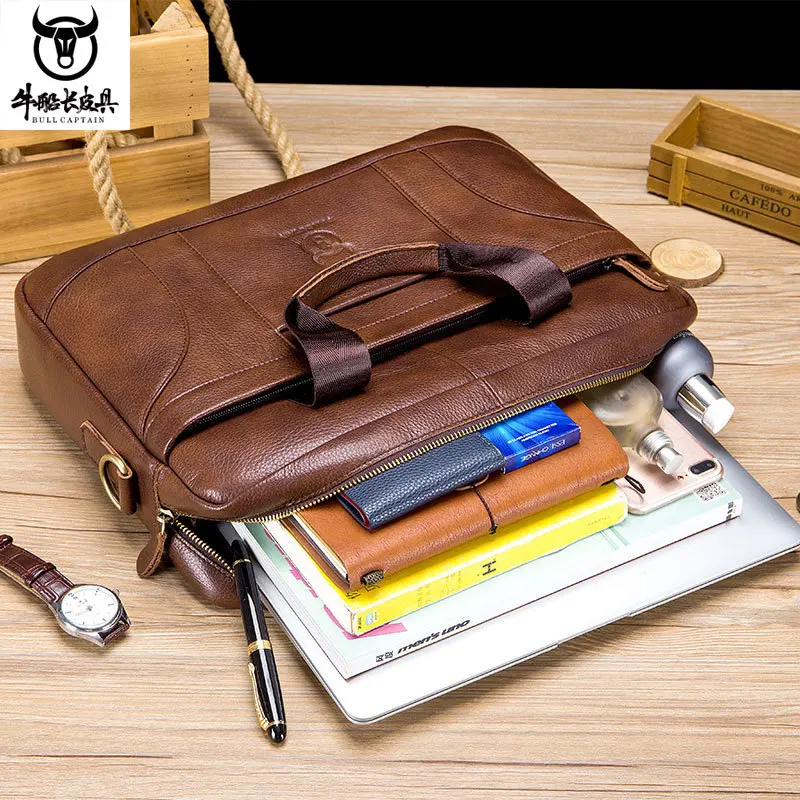 Men's Genuine Leather Briefcase Business Handbag Top Layer Cowhide Male Shoulder Cross Body Bag 14